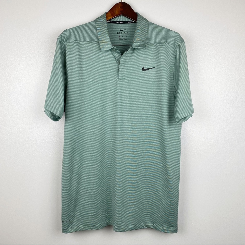 Nike Men's Green Striped Dri-Fit Golf Polo Size L